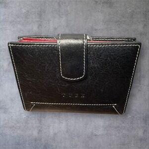 HTF Tusk Bifold Wallet Women Black/Red Leather Kiss-lock Snap Contrast Stitch